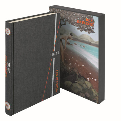 Image of the Folio society hardback edition of Dr. No by Ian Fleming, pictured with the slipcase illustrated by Fay Dalton.