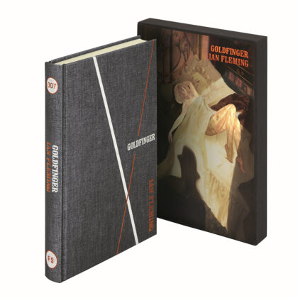 Image of the Folio society hardback edition of Goldfinger by Ian Fleming, pictured with the slipcase illustrated by Fay Dalton.