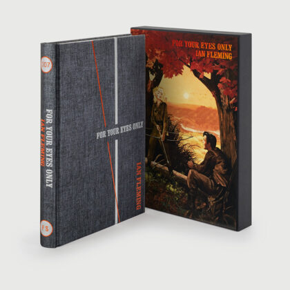 Image of the Folio society hardback edition of For Your Eyes Only by Ian Fleming, pictured with the slipcase illustrated by Fay Dalton.
