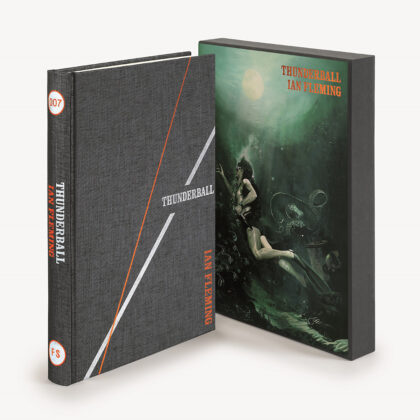 Image of the Folio society hardback edition of Thunderball by Ian Fleming, pictured with the slipcase illustrated by Fay Dalton.