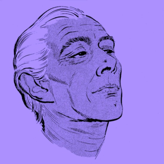Illustration of Ernst Stavro Blofeld from various Ian Fleming novels. This image shows one of his alter egos disguises as a white older man with white hair.