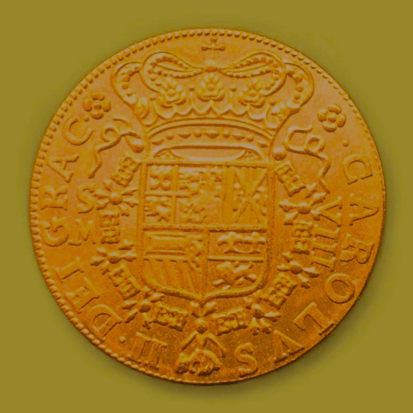 A photo of an antique gold Spanish coin.