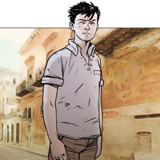 Illustration of James Bond from the Young Bond book series. James is shown in his shorts and polo shirt with dark messy hair.