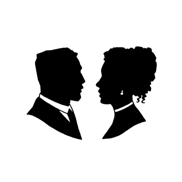 Black and white silhouettes of a man and a woman's ide profiles, facing each other.