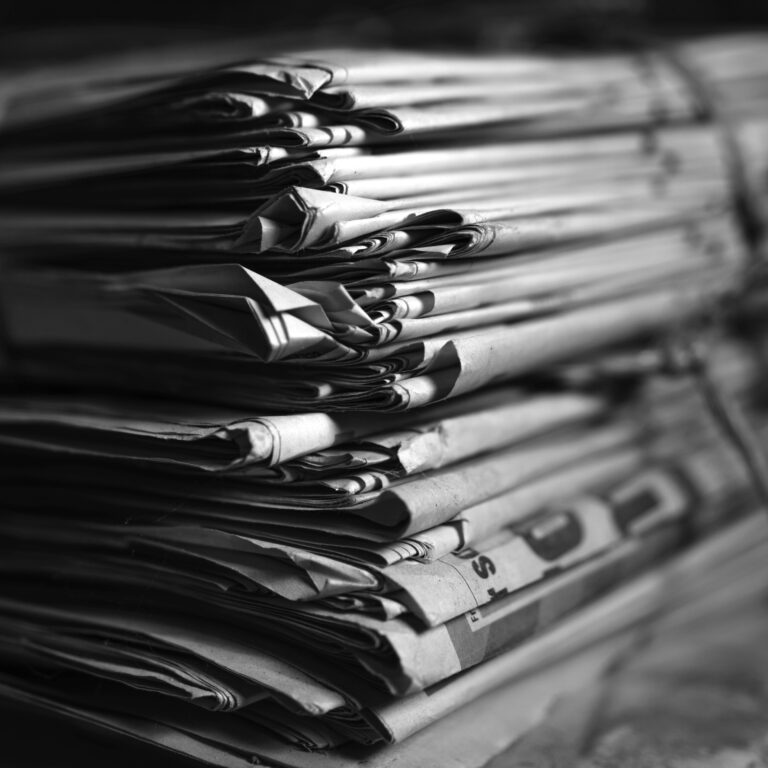 Black and white photo of a stack of newspapers