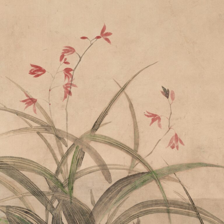 Japanese ink painting of red flowers.