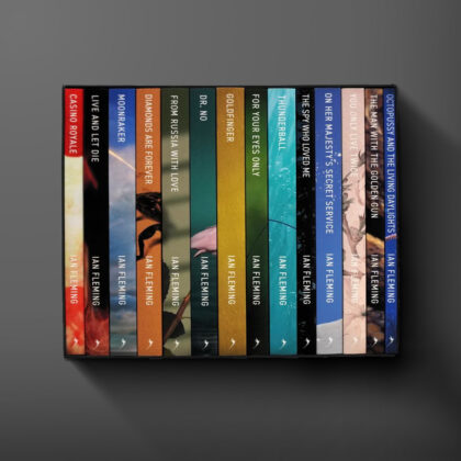 Paperback book spines for all fourteen James Bond books by Ian Fleming.