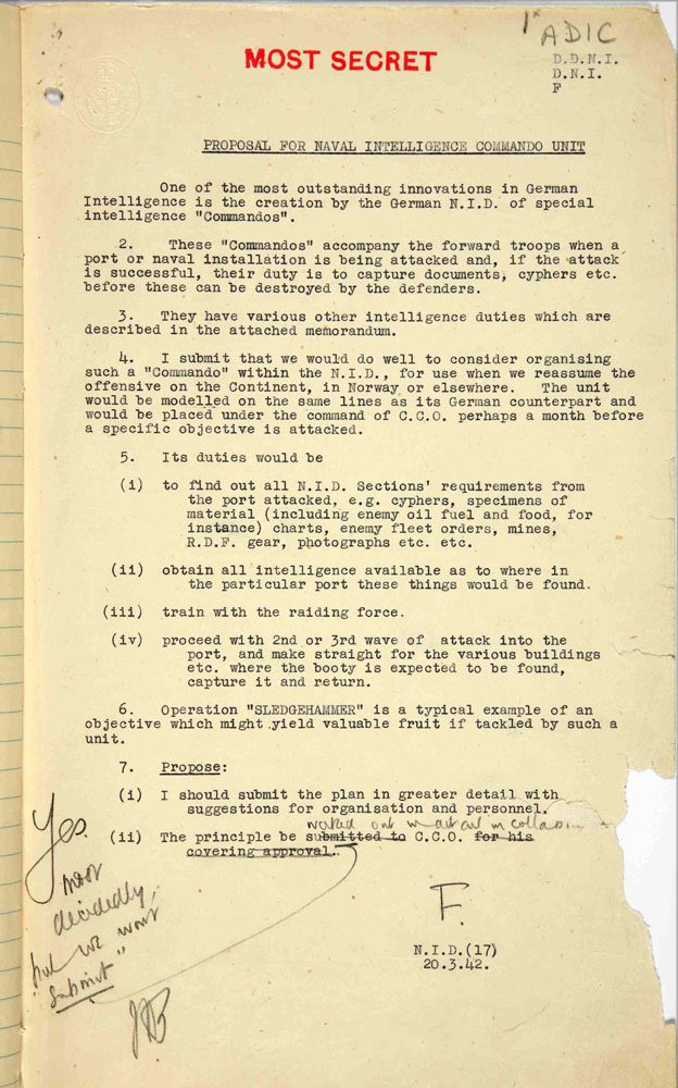 Photograph of Ian Fleming's initial proposal to form the 30AU