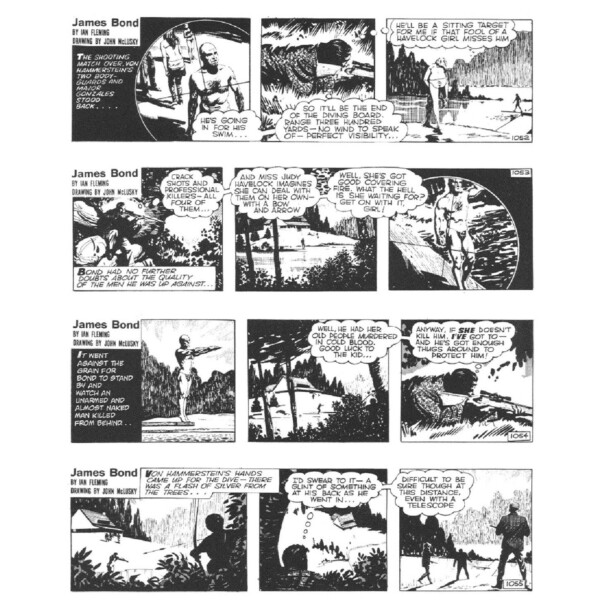black and white comic strip page showing a james bond story