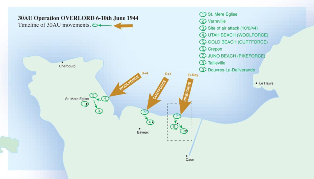 Map showing the movements of 30AU during Operation Overlord